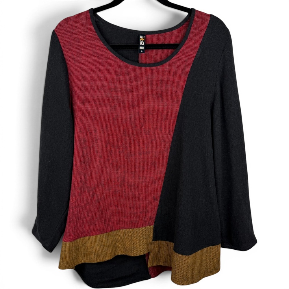 Khangura Linen Blend Colorblock Tunic Top Size M Lagenlook Art To Wear USA Made